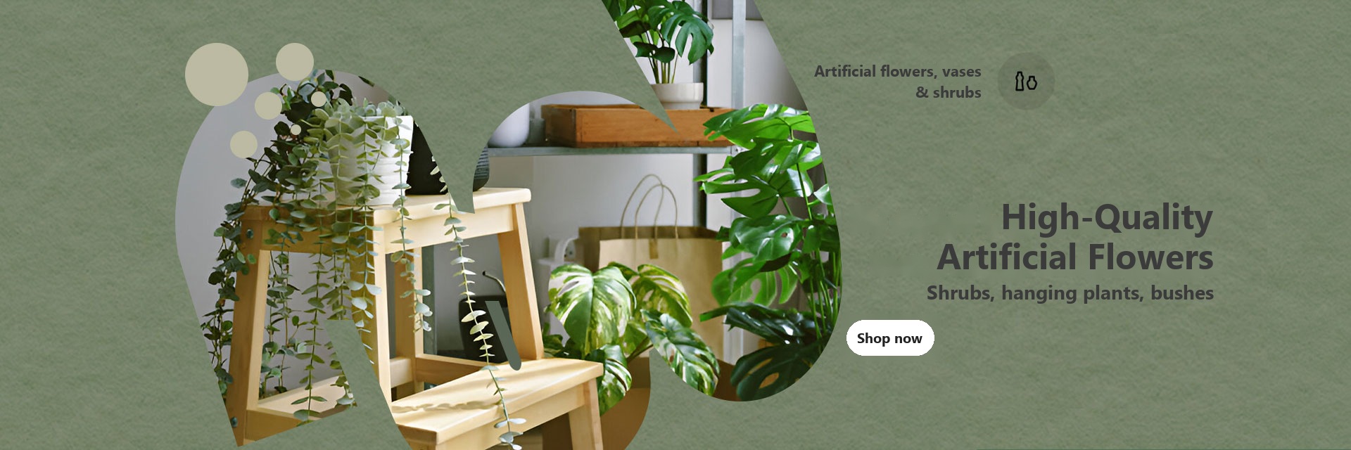 High-quality artificial flowers, shrubs, hanging plants and bushes